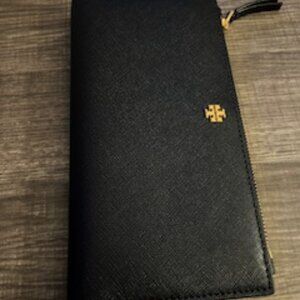 Tory Burch Emerson Slim Envelope Black Leather Wallet Wristlet Clutch